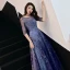 Chic / Belle Océan Bleu Robe De Soirée 2019 Princesse Encolure Dégagée En Dentelle Fleur 1/2 Manches Longue Robe De Ceremonie