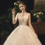 Élégant Champagne Robe De Mariée 2019 Robe Boule V-Cou En Dentelle Fleur Sans Manches Dos Nu Longue