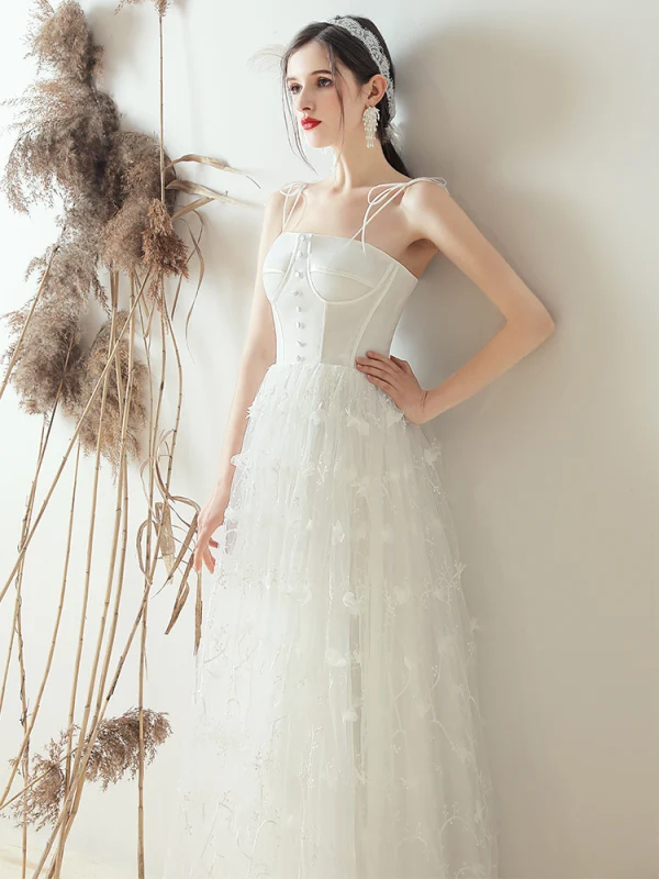 Simple Ivoire Robe De Mariée 2019 Princesse Noeud Bretelles Spaghetti Appliques Sans Manches Dos Nu Longue