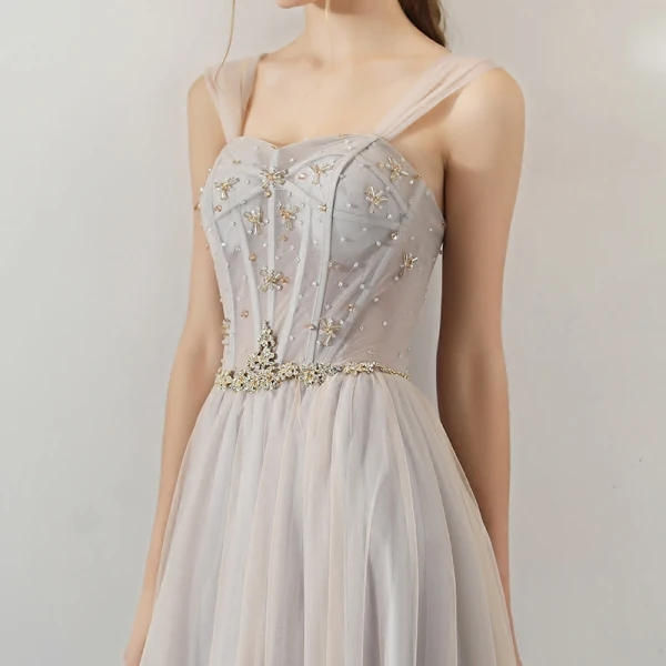 Élégant Champagne Robe De Soirée 2018 Princesse Perlage Cristal De l'épaule Dos Nu Sans Manches Longue Robe De Ceremonie