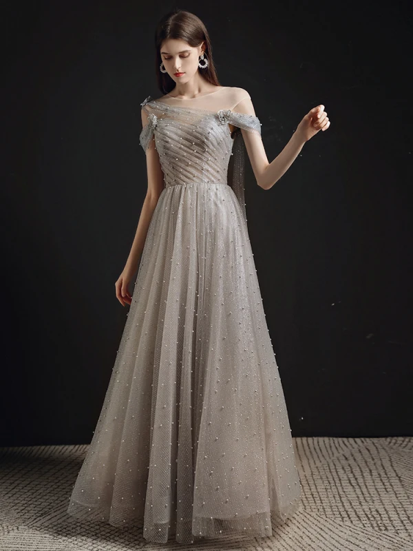 Chic / Beautiful Grey Pearl Prom Dresses 2021 A-Line / Princess Scoop Neck Short Sleeve Backless Floor-Length / Long Formal Dresses