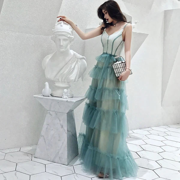 Modern / Fashion Gradient-Color Evening Dresses 2019 A-Line / Princess Spaghetti Straps Bow Sleeveless Backless Floor-Length / Long Formal Dresses