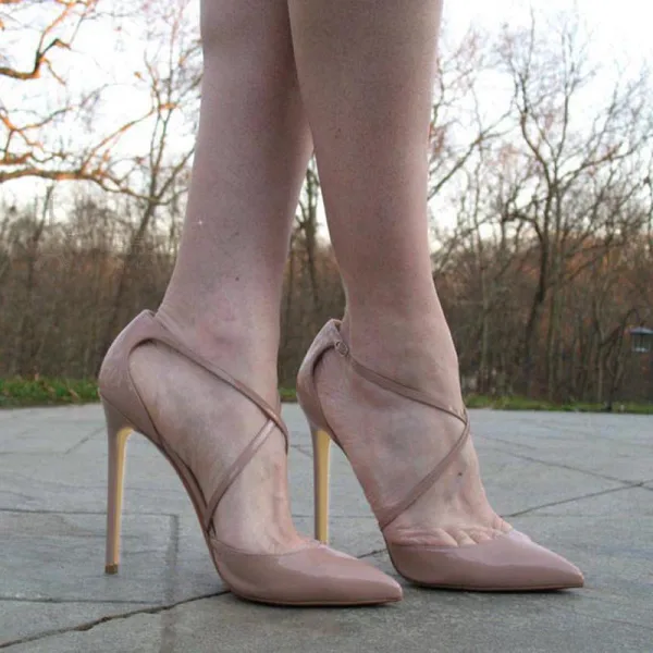 Modest / Simple Nude Evening Party Womens Shoes 2019 Leather Ankle Strap 11 cm Stiletto Heels Pointed Toe High Heels