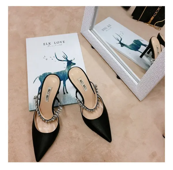 Chic / Beautiful Silver Casual Womens Sandals 2019 Leather Satin Rhinestone 9 cm Stiletto Heels Sandals Pointed Toe
