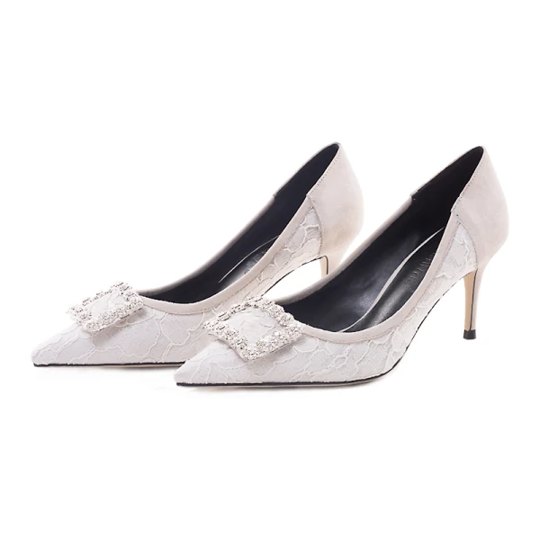 Fine Elfenben Brudesko 2019 Lær Blonder Rhinestone Spenne 7 cm Stiletthæler Spisse Bryllup Pumps