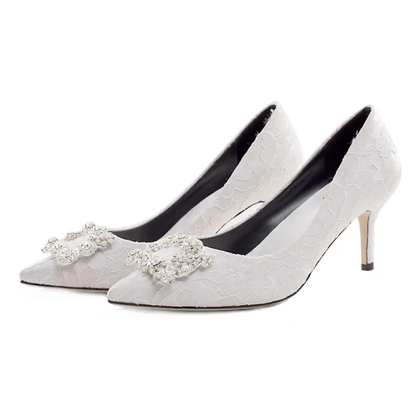 Classy Ivory Wedding Shoes 2019 Leather Lace Rhinestone 7 cm Stiletto Heels Pointed Toe Wedding Pumps