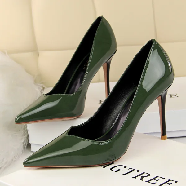Enkel Svart Kontor Pumps 2019 Patent Lær 9 cm Stiletthæler Spisse Pumps