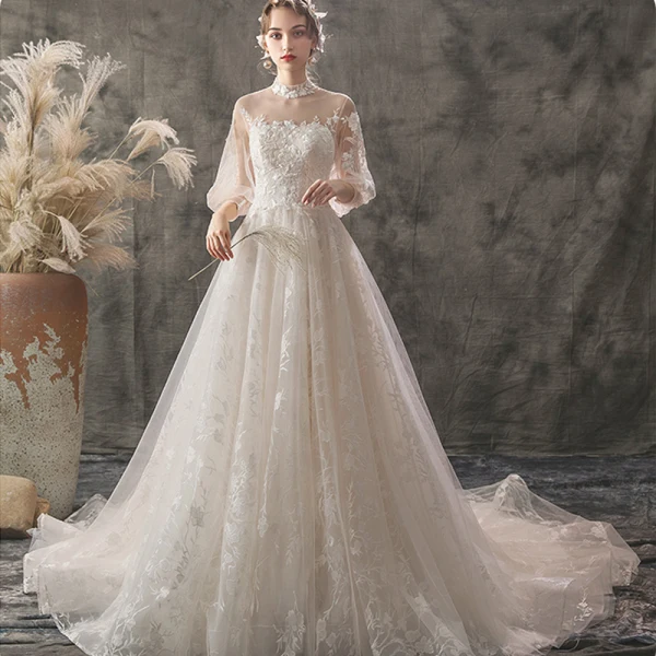 Élégant Ivoire Robe De Mariée 2019 Princesse Col Haut En Dentelle Fleur 3/4 Manches Dos Nu Chapel Train