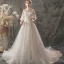 Élégant Ivoire Robe De Mariée 2019 Princesse Col Haut En Dentelle Fleur 3/4 Manches Dos Nu Chapel Train