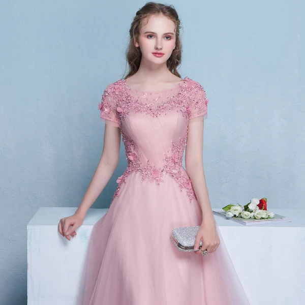 Chic / Beautiful Pearl Pink Evening Dresses 2018 A-Line / Princess Appliques Lace Flower Sequins Pearl Scoop Neck Backless Short Sleeve Chapel Train Formal Dresses