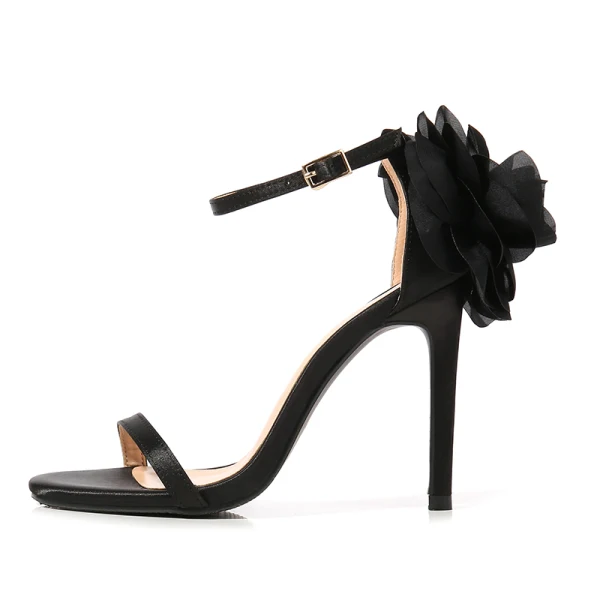Chic / Beautiful Black Evening Party Womens Sandals 2019 Leather Ankle Strap Flower 10 cm Stiletto Heels Open / Peep Toe Sandals