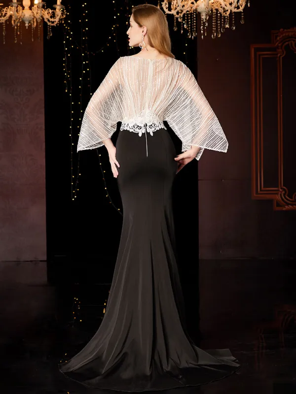 Luxury / Gorgeous Black Evening Dresses 2019 Trumpet / Mermaid Scoop Neck Beading Lace Flower Long Sleeve Backless Sweep Train Formal Dresses
