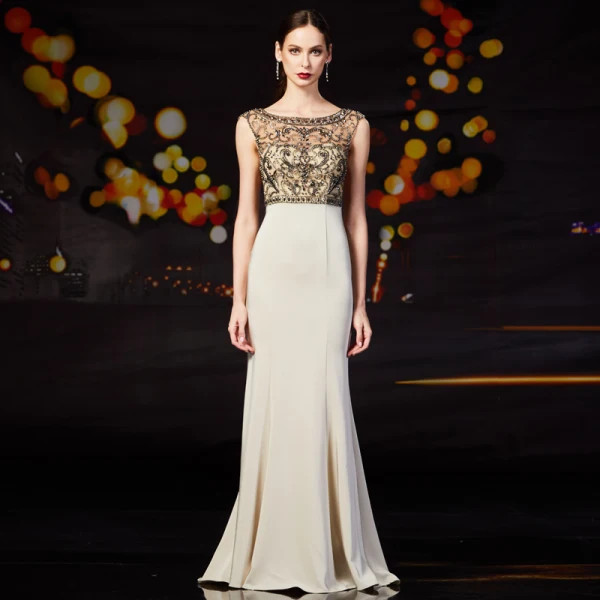 Classy Champagne Evening Dresses  2019 A-Line / Princess Scoop Neck Beading Rhinestone Pearl Sleeveless Backless Floor-Length / Long Formal Dresses