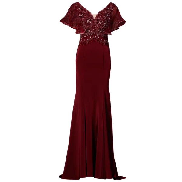 Luxe Bordeaux Robe De Soirée 2019 Princesse V-Cou Perlage Faux Diamant Cristal Perle Paillettes Manches Courtes Dos Nu Train De Balayage Robe De Ceremonie