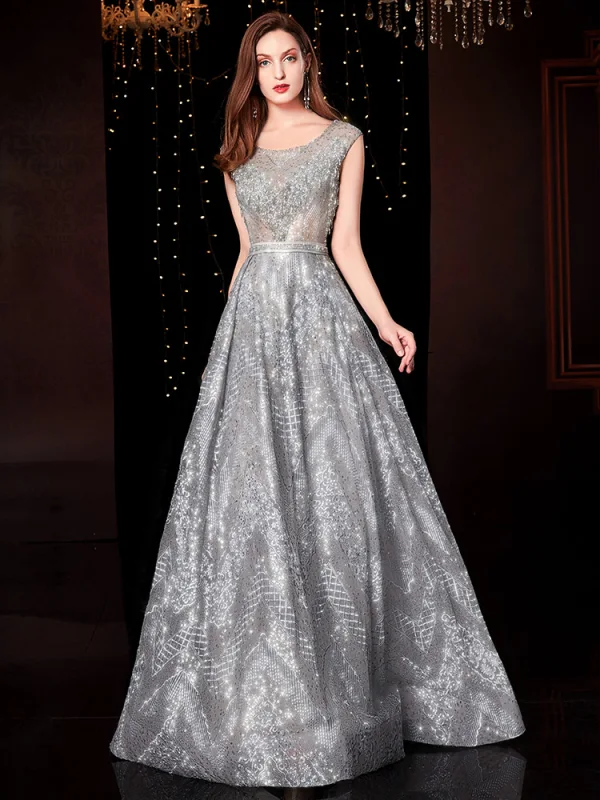 Luxury / Gorgeous Silver Evening Dresses  2019 A-Line / Princess Scoop Neck Lace Sequins Sleeveless Backless Floor-Length / Long Formal Dresses