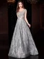 Luxury / Gorgeous Silver Evening Dresses  2019 A-Line / Princess Scoop Neck Lace Sequins Sleeveless Backless Floor-Length / Long Formal Dresses