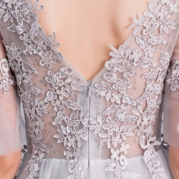 Elegant Silver Evening Dresses 2019 A-Line / Princess V-Neck Rhinestone Lace Flower 1/2 Sleeves Backless Floor-Length / Long Formal Dresses