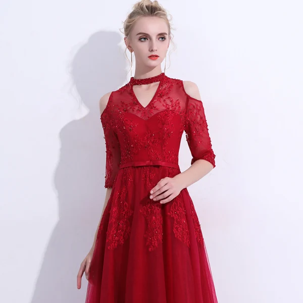 Chic / Belle Bordeaux Robe De Soirée 2018 Princesse En Dentelle Fleur Perlage Cristal Perle Noeud épaules 1/2 Manches Longue Robe De Ceremonie