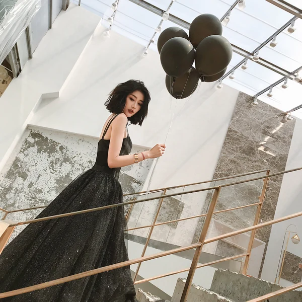 Modest / Simple Modern / Fashion Black Evening Dresses  2019 A-Line / Princess Scoop Neck Sleeveless Floor-Length / Long Formal Dresses