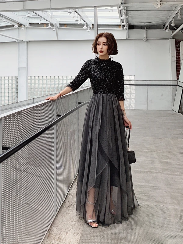 Modern / Fashion Black Evening Dresses 2019 A-Line / Princess Sequins High Neck 1/2 Sleeves Backless Floor-Length / Long Formal Dresses