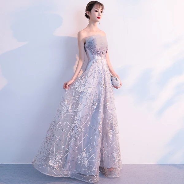 Elegante Silber Abendkleider 2019 A Linie Bandeau Strass Spitze Blumen Ärmellos Rückenfreies Lange Festliche Kleider
