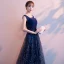 Chic / Beautiful Navy Blue Evening Dresses  2019 A-Line / Princess V-Neck Sequins Rhinestone Lace Flower Sleeveless Backless Sweep Train Formal Dresses