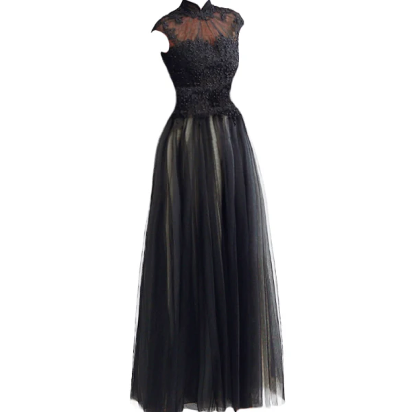 Vintage / Retro Black Evening Dresses 2019 A-Line / Princess High Neck Beading Lace Flower Sleeveless Floor-Length / Long Formal Dresses