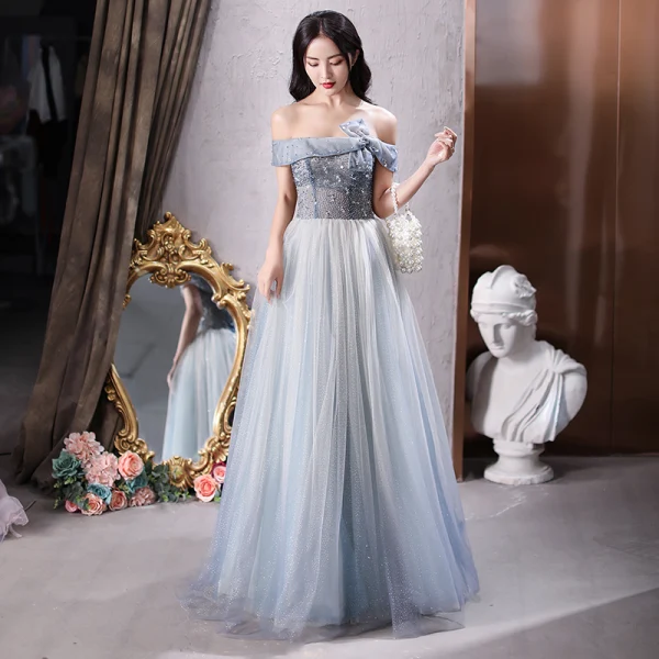 Fashion Sky Blue Prom Dresses 2021 A-Line / Princess Off-The-Shoulder Beading Sequins Sleeveless Backless Floor-Length / Long Formal Dresses