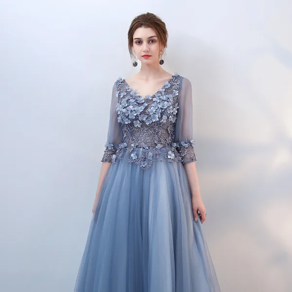 Elegante Blau Ballkleider 2018 A Linie Mit Spitze Blumen Applikationen Perle V-Ausschnitt Rückenfreies 3/4 Ärmel Lange Festliche Kleider