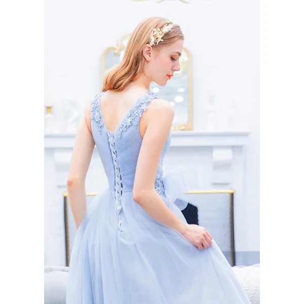 Élégant Bleu Ciel Volants Robe De Soirée 2019 Princesse V-Cou Paillettes En Dentelle Fleur Noeud Sans Manches Dos Nu Longue Robe De Ceremonie