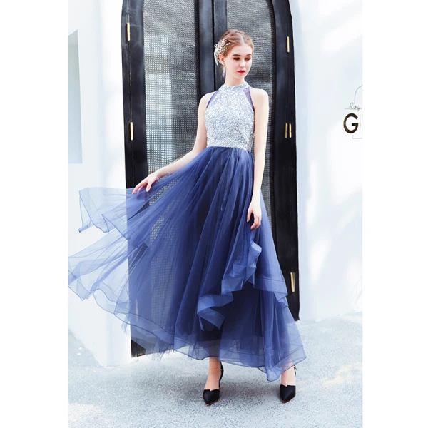 Charmant Océan Bleu Robe De Soirée 2019 Princesse Col Haut Paillettes Sans Manches Longueur Cheville Robe De Ceremonie