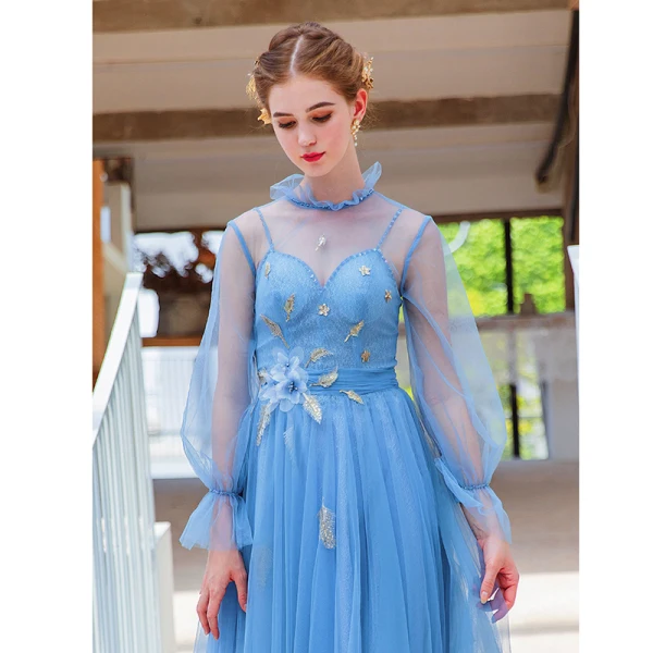 Moderne / Mode Bleu Robe De Soirée 2019 Princesse Col Haut Perle Appliques Paillettes En Dentelle Fleur Manches Longues Dos Nu Longue Robe De Ceremonie