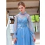 Moderne / Mode Bleu Robe De Soirée 2019 Princesse Col Haut Perle Appliques Paillettes En Dentelle Fleur Manches Longues Dos Nu Longue Robe De Ceremonie
