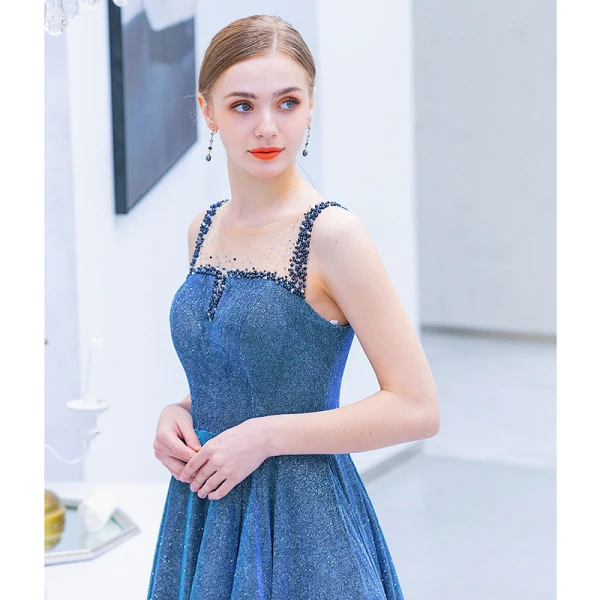 Charming Ocean Blue Evening Dresses 2019 A-Line / Princess Scoop Neck Rhinestone Sequins Sleeveless Floor-Length / Long Formal Dresses