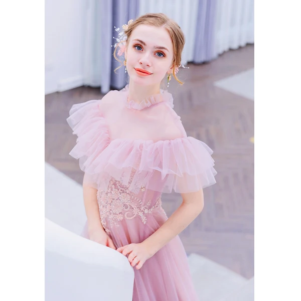 Vintage / Retro Lovely Candy Pink Evening Dresses 2019 A-Line / Princess High Neck Pearl Sequins Lace Flower Short Sleeve Floor-Length / Long Formal Dresses