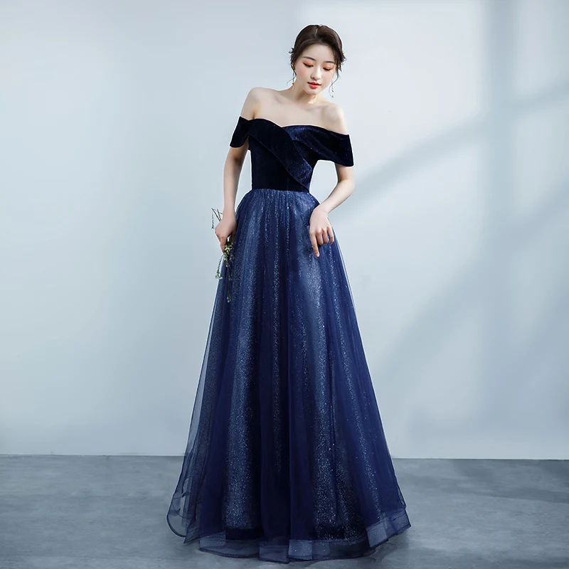 open lace back dress Simple v neck blue long prom dress blue formal dress – dresstby