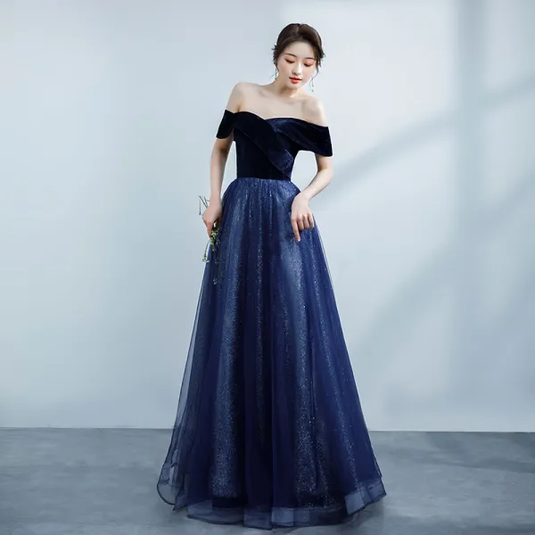 Modest / Simple Navy Blue Prom Dresses 2021 A-Line / Princess Suede Off ...