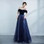 Modest / Simple Navy Blue Prom Dresses 2021 A-Line / Princess Suede Off-The-Shoulder Glitter Short Sleeve Backless Floor-Length / Long Formal Dresses
