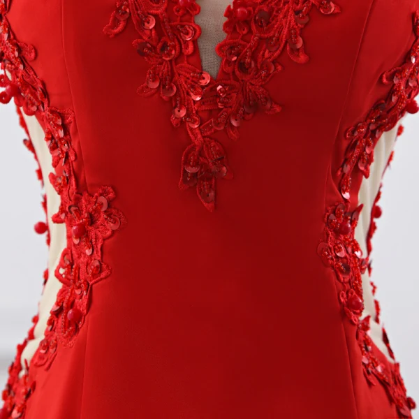 Chic / Belle Bordeaux Robe De Soirée 2019 Trompette / Sirène De l'épaule Perlage Paillettes En Dentelle Fleur Manches Courtes Dos Nu Train De Balayage Fendue devant Robe De Ceremonie