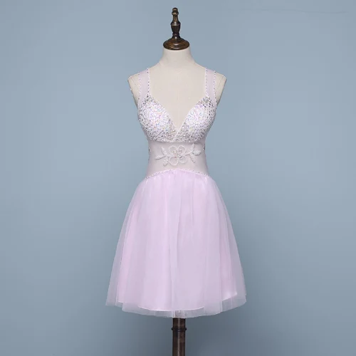 Sexy Lavande Robe De Cocktail 2019 Princesse V-Cou Perlage Faux Diamant Sans Manches Dos Nu Courte Robe De Ceremonie