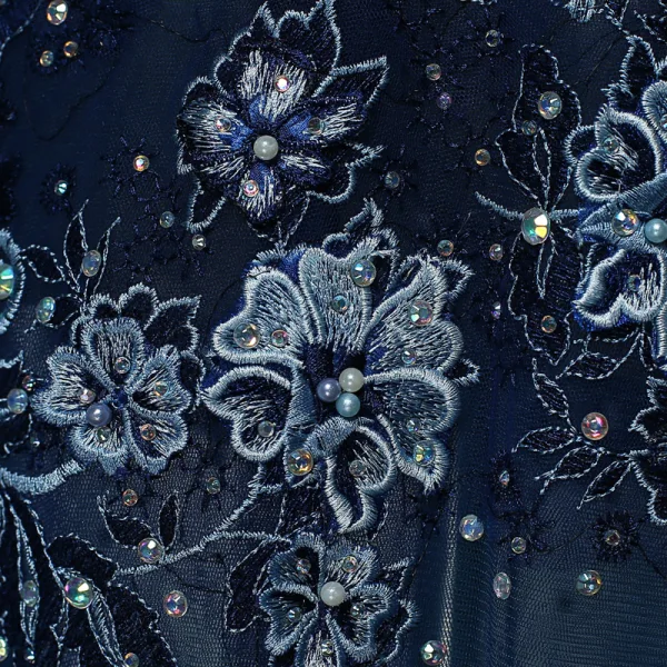 Sexy Marineblau Durchsichtige Abendkleider 2019 Meerjungfrau V-Ausschnitt Perle Strass Spitze Blumen Ärmellos Rückenfreies Sweep / Pinsel Zug Festliche Kleider