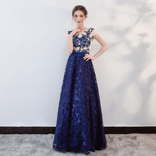 Chic / Beautiful Royal Blue Prom Dresses 2018 A-Line / Princess Beading Crystal Lace Flower Sash Scoop Neck Backless Short Sleeve Floor-Length / Long Formal Dresses
