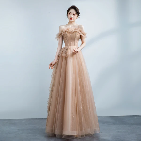 Edles Champagner Ballkleider 2021 A Linie Rüschen Off Shoulder Perlenstickerei Strass Ärmellos Rückenfreies Lange Festliche Kleider