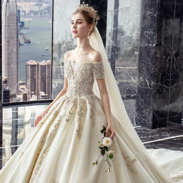 Charming Champagne Wedding Dresses 2019 A-Line / Princess Off-The-Shoulder Beading Sequins Lace Flower Short Sleeve Backless Royal Train