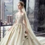Charming Champagne Wedding Dresses 2019 A-Line / Princess Off-The-Shoulder Beading Sequins Lace Flower Short Sleeve Backless Royal Train