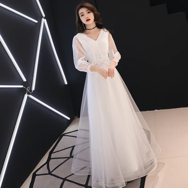 Élégant Blanche Robe De Soirée 2019 Princesse V-Cou Paillettes En Dentelle Fleur 3/4 Manches Longue Robe De Ceremonie