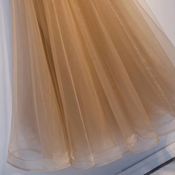 Élégant Champagne Robe De Soirée 2019 Princesse Bretelles Spaghetti Perlage Faux Diamant En Dentelle Fleur Sans Manches Dos Nu Longue Robe De Ceremonie