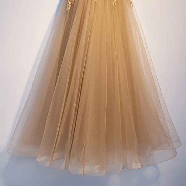 Élégant Champagne Robe De Soirée 2019 Princesse Bretelles Spaghetti Perlage Paillettes En Dentelle Fleur Sans Manches Dos Nu Longue Robe De Ceremonie