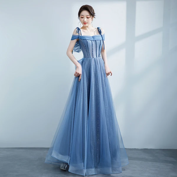 Chic / Belle Bleu Ciel Robe De Bal 2021 Princesse Bretelles Spaghetti Perlage Noeud Sans Manches Dos Nu Longue Robe De Ceremonie