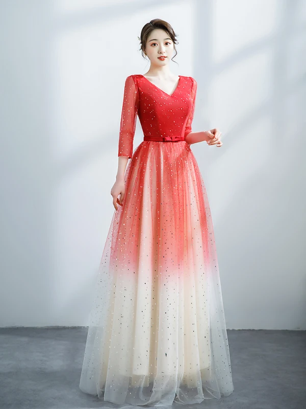 Fashion Red Gradient-Color Prom Dresses 2021 A-Line / Princess V-Neck Star Sequins 3/4 Sleeve Backless Floor-Length / Long Formal Dresses